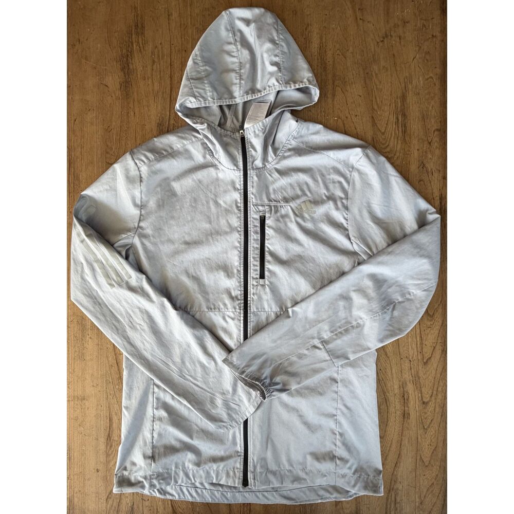 Adidas Men's Light Gray Hooded Windbreaker Jacket Zip Lightweight Pockets Size M